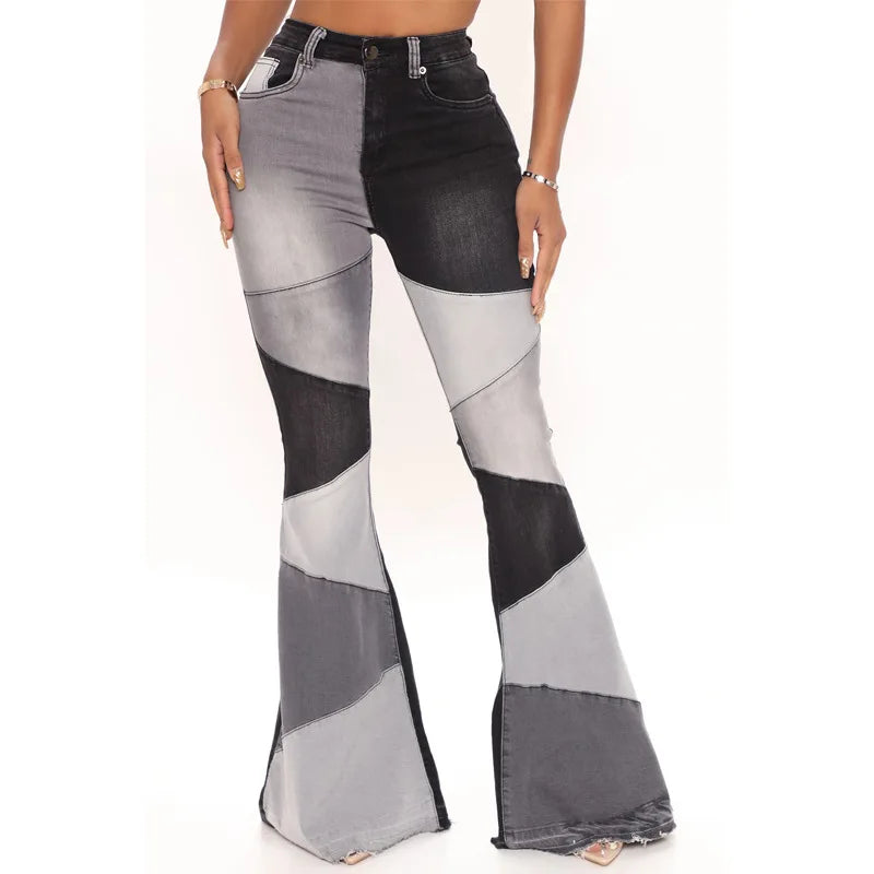 Women Flare Jeans Casual Pants Pannelled Collision Fashional High Waist Fit Female High Quality 91Y35