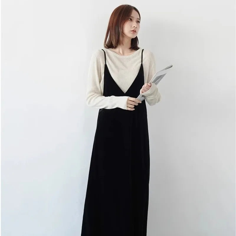 Suspended Velvet Dress For Women 2023 Autumn/Winter New Design Sense Large V-Neck Elegant And Unique Slim Fit Mid Length Small B