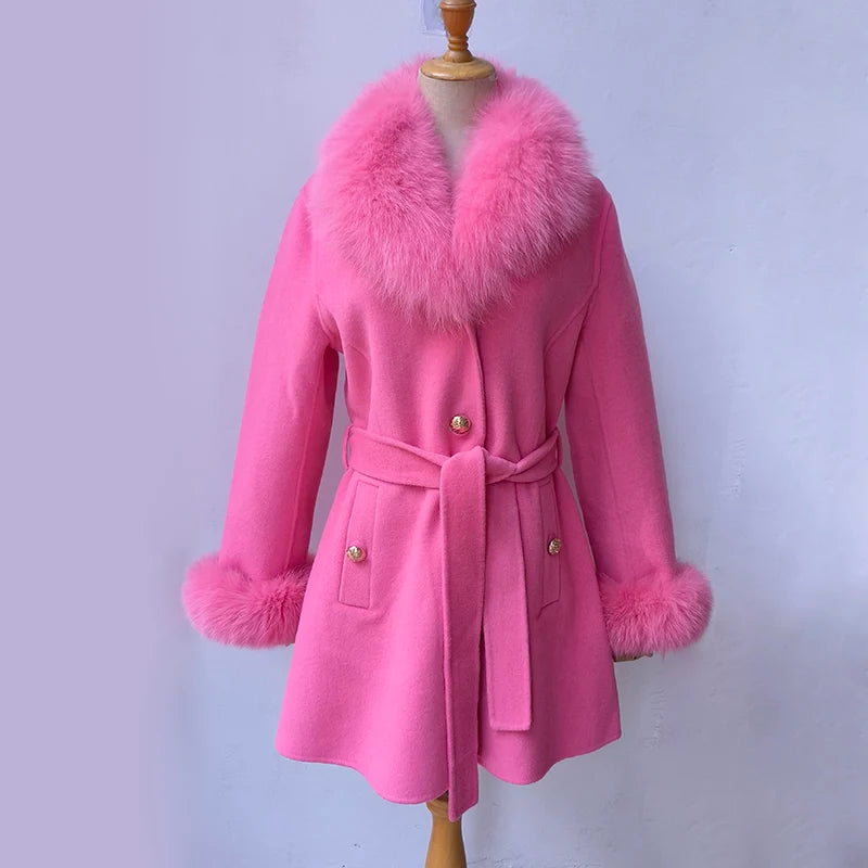 2023 Winter Real Fox Fur Coat Women Wool Jacket With Natural Fox Fur Collar Slim Female Woolen Cashmere Outwear