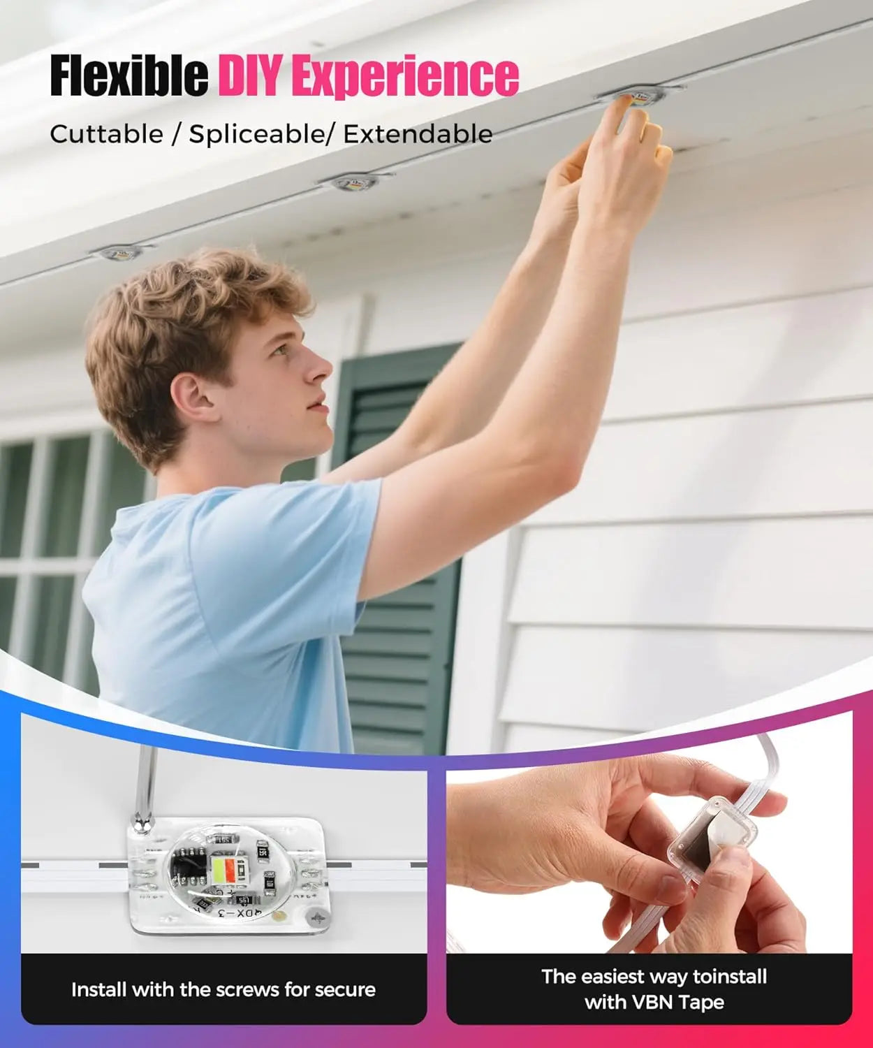 LED-Dauerlichter für den Außenbereich, IP65 wasserdicht, RGBIC-Dachrinnenbeleuchtung mit Fernbedienung für Weihnachten, Neujahr, DIY-Lichterketten für die Dachterrasse – ideal für DIY-Projekte.