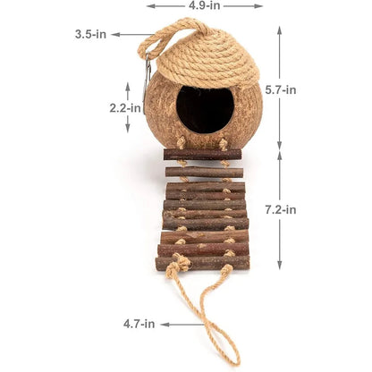 Coconut Birdhouse Hut With Ladder Hemp Rope Roof Natural Material Firm Stable Small Animal Cage Habitat Decoration Pet Supplies