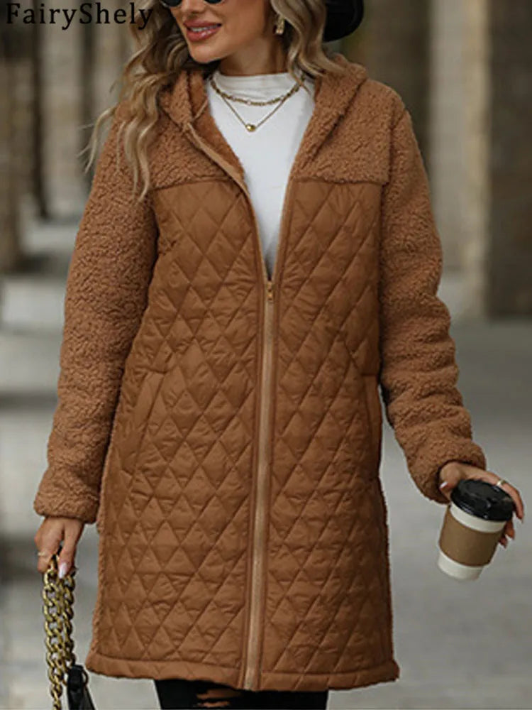 FairyShely 2025 Winter Solid Women Jacket Thick Plush Hooded Warm Long Sleeve Long Coat Soft Zipper Patchwork Outwear Lady Coat