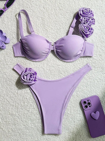 2025 New Sexy Bikini Set Women Swimsuit 3d Flower Strap Swimwear Push Up Thong Bathing Suit Underwire Biquini 2 Piece Beachwear