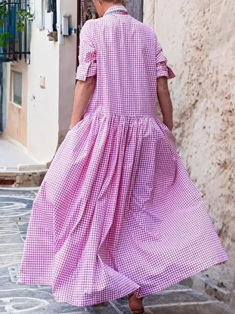 Fdey 2024 New Spring Autumn Long Sleeve Loose Button Casual Maxi Dresses Woman Korean Fashion Plaid Pleated Lapel Shirts Dress
