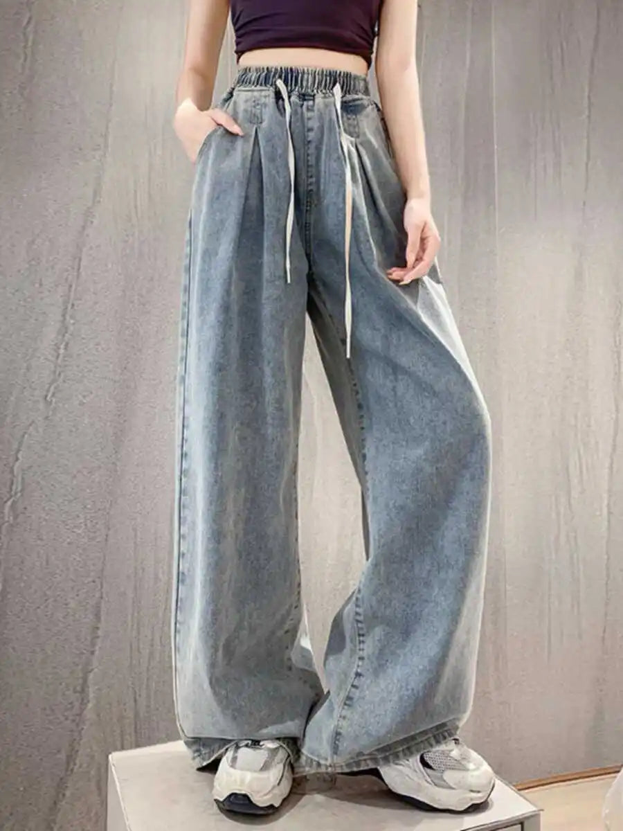 High Waist Straight Leg Dstring Elastic Waist Denim Jeans Women's Spring Autumn Slimming Drapey Lazy Sle Floor Length Pants