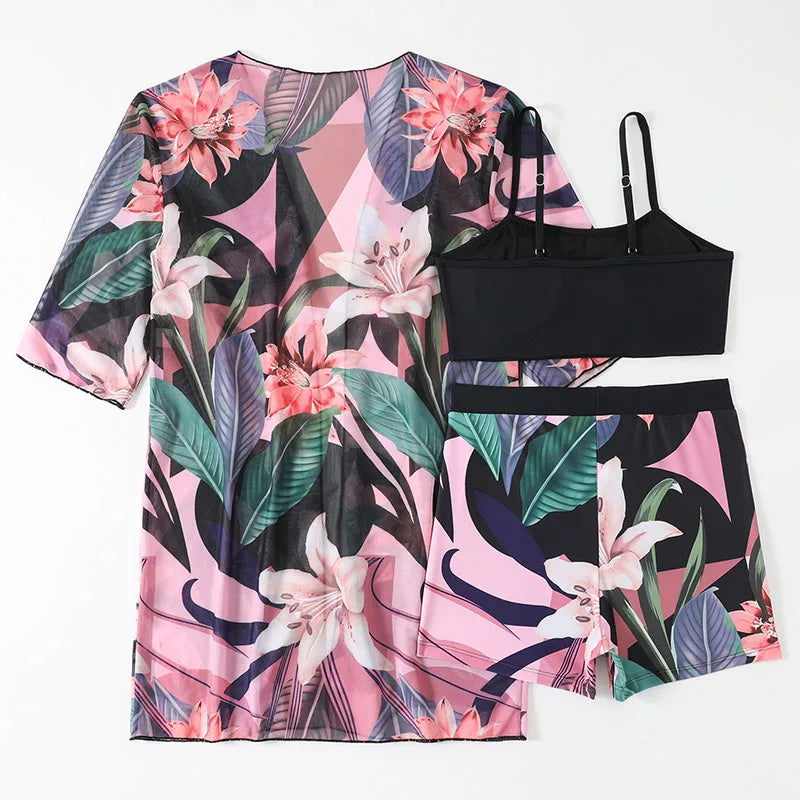 2025 New Floral Print Three Pieces Bikini Set Cover Up Women Swimsuit Print Swimwear Biquini Bathing Suit Summer