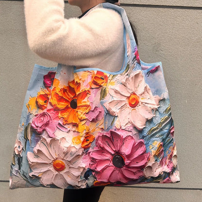 Chic Iris Flower Large Tote Bag Foldaway Convenience Nylon Shopping Bag with Shoulder Strap Lightweight Machine Washable