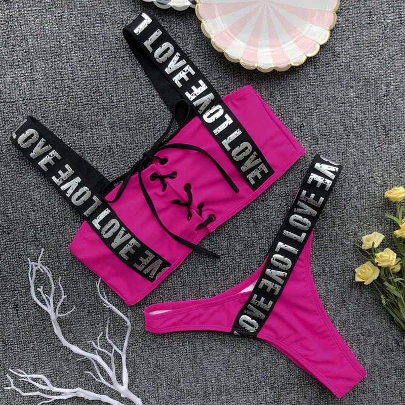 Sexy Red Bikini Set 2025 New Women Letter lace up Bandage Low Waist Swimwear Padded Push Up Swimsuit Beach Bathing Suit Swimming