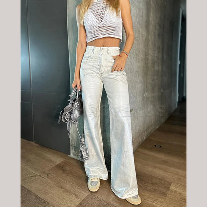 Metallic Denim Straight Jeans Wide Leg Women High Waist Loose Pants Y2K Oversize Denim Trousers Hip-hop Streetwear