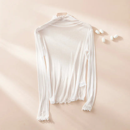 100% Mulberry Silk Slightly Transparent Semi-turtleneck Mesh Sunscreen Shirt for Women