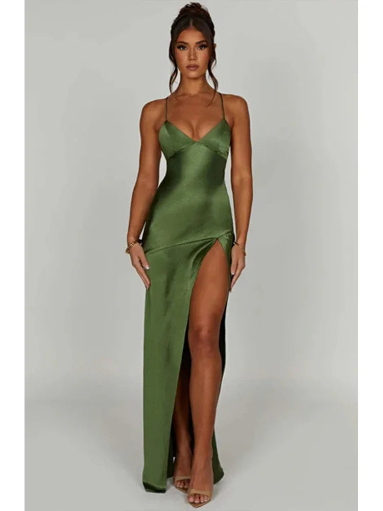 Bandage Backless Elegant Dress Split Hem Spaghetti Strap Slim Cocktail Party Club Fashion Satin Solid Lace-Up Long Dresses