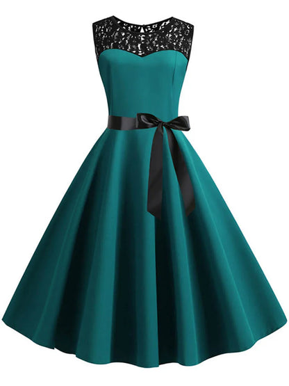 Lace Patchwork Floral Print Women Summer Dress Hepburn 50s 60s Elegant Vintage Dress Office Ladies A-Line Party Dresses Belt