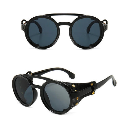Steampunk Shields Sunglasses Men Women Classic Sun Glasses With Side Leather Round Eyewears Punk UV400 Lens