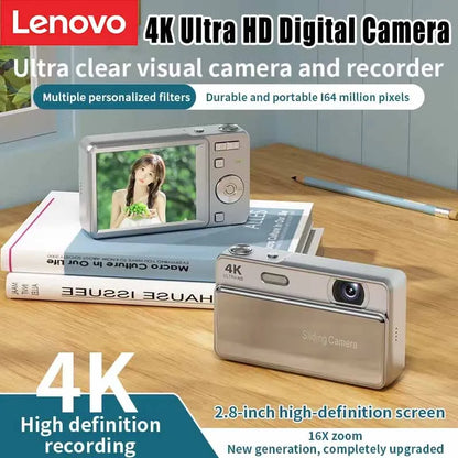 Lenovo New 4K Ultra HD Digital Camera 64MP 16X Zoom Auto Focus Portable Slide Camera with Built-in Flash for Travel Vlogging