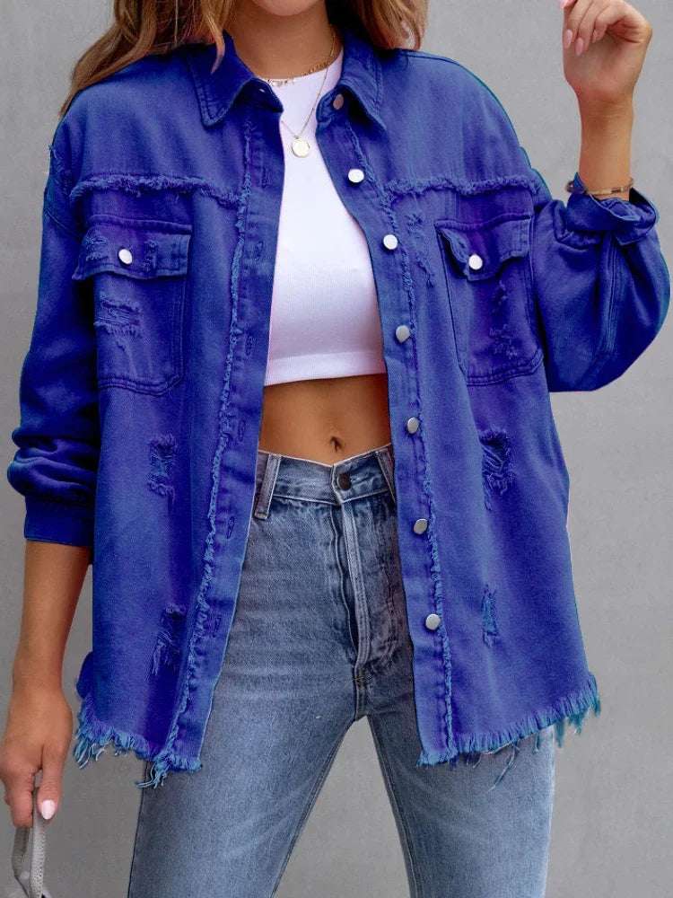 Spring Autumn Denim Women's Jacket Rough Selvedge Ripped Loose Fit Long Sleeve Korean Fashion Female Top