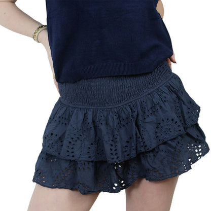 Women A-Line Pointelle High Waist Layered Ruffle Skirt Shirred Mini Skirt Summer Solid Color Sweet Skirts Black/White/Pink