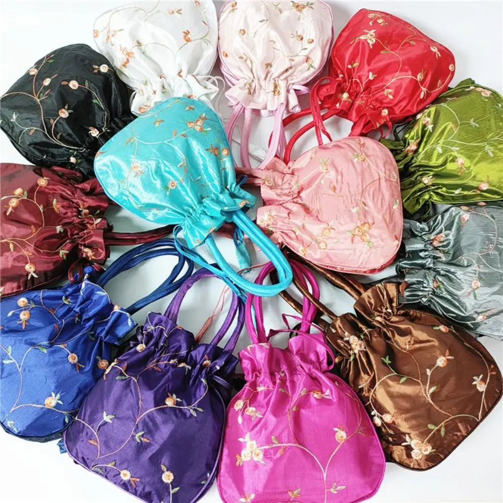 Elegant Ethnic Style Cosmetic Handbag Women Flower Handbags Embroidered Flower Small Bucket Bag National Style Purse Jewelry Bag