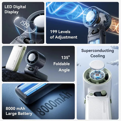 Portable Outdoor Handheld Fan With Refrigeration Board LED Digital Display 135° Foldable 199Gear Strong Wind Speed 8000mAh F5PRO