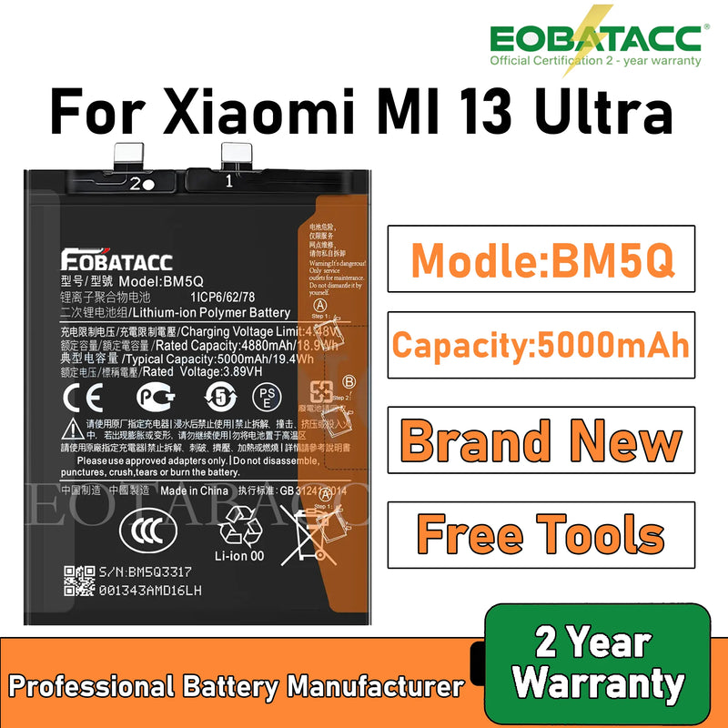2026 Years EOBATACC 100% New BM5Q  Battery For Xiaomi  13 Ultra 5000mAh Batteries+Free Tools