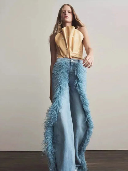 Feather Women's Pants Wide Leg Long Denim Loose High Waist Regular Casual Female Jeans Loose Spring Woman Baggy Basic Trousers