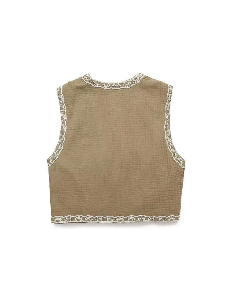 TELLHONEY Women Fashion V-Neck Embroidery Waistcoat Vest Tops Female Casual Vintage Sleeveless Outerwear Jacket