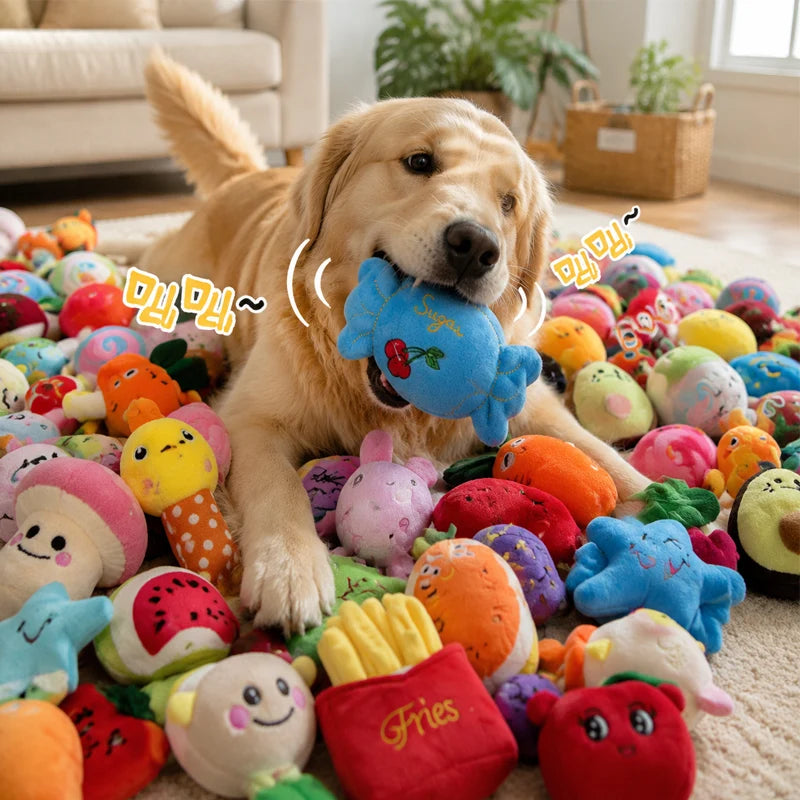 Dog Squeaky Toys Plush Animal Fruit Food Toy Durable Chew Interactive Toys Small Medium Dogs Cats Puppy Pet Supplies