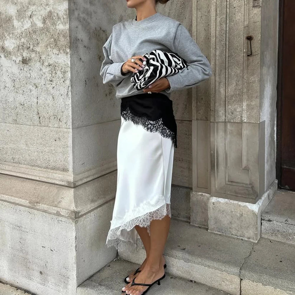 Talenza White Lace Skirts Women Fashion Irregular Lace Patchwork Slim Skirts High Waist Streetwear Party Looks Female Maxi Skirt