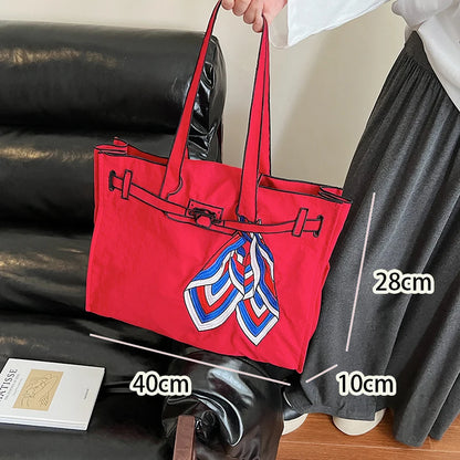 Japanese Nylon Silk Scarf Embroider Tote Bag Large Capacity Fashion Shoulder Bag for School Work Shopping Retro Handbag 2025 NEW