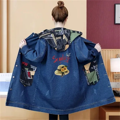 2025 Spring Autumn Denim Jacket Women Hooded Windbreaker Cartoon Printed Coat Long Outerwear Female Oversize 5XL Loose Overcoat