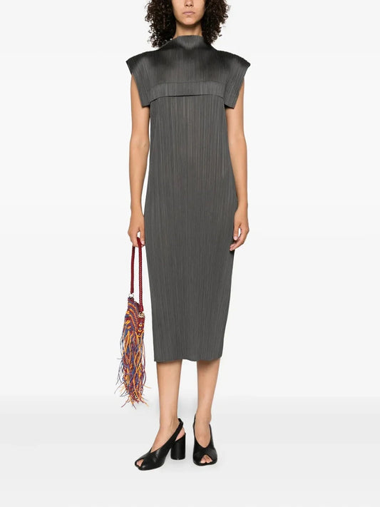 Miyake Pleated High Neck Sleeveless Midi Dress