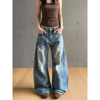 2025 Spring American Vintage Y2K 2000s Washed Do Old Blue Baggy Ripped Jeans Women's Loose Wide Leg Cargo Casual Denim Pants