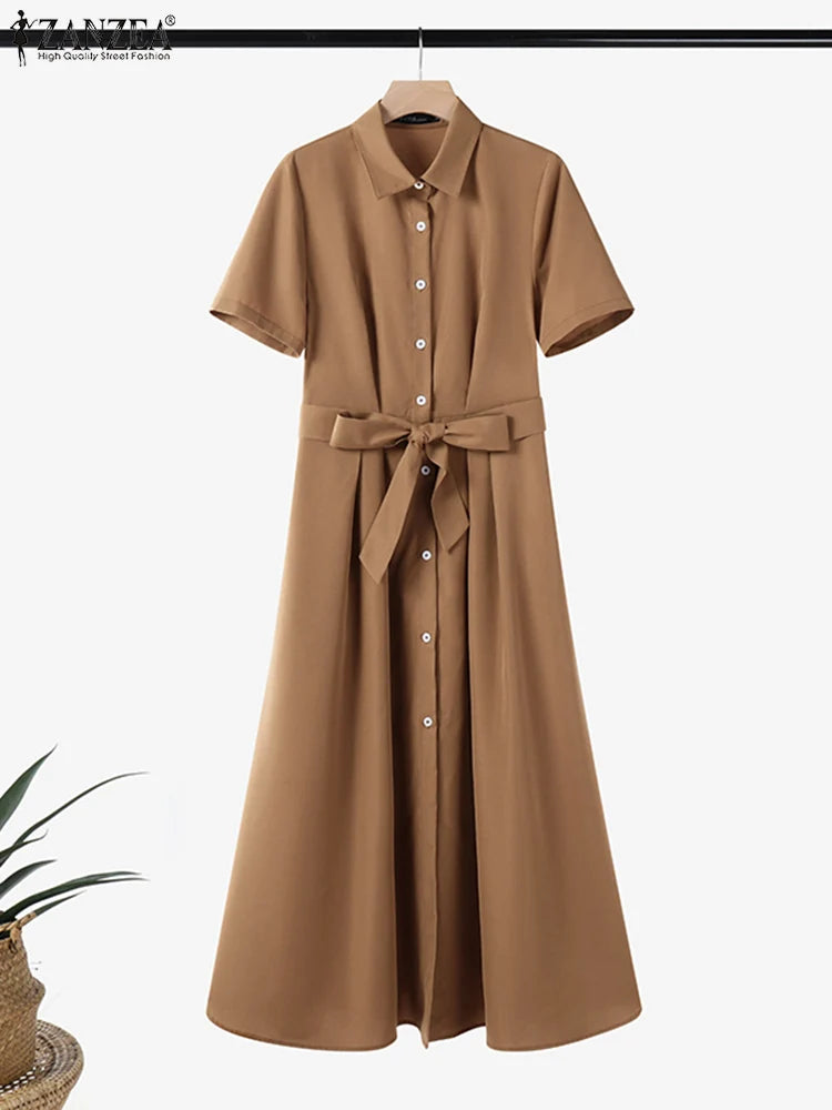 ZANZEA 2025 Summer Stylish Midi Dress Elegant Turn-down Collar Women Short Sleeve Vestidos Casual Streetwear Belted Shirt Dress