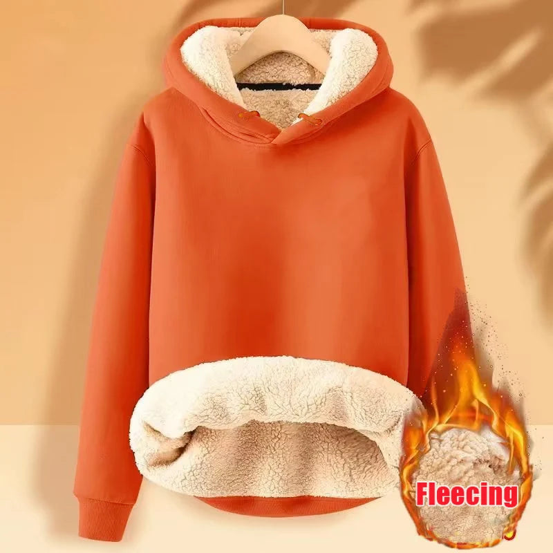 Fleece Sweatshirt Thickened Lamb Plush Hooded Pullover Casual Solid Sports Simple Top Long Sleeve Women Clothes Spring Loose New