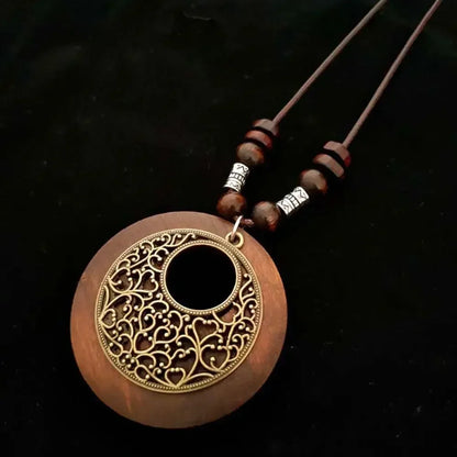 Retro Ethnic Round Wooden Leaf Owl Long Sweater Chain Necklace Women Vintage Clock Pendant Female Jewelry Neck Accessories Gifts