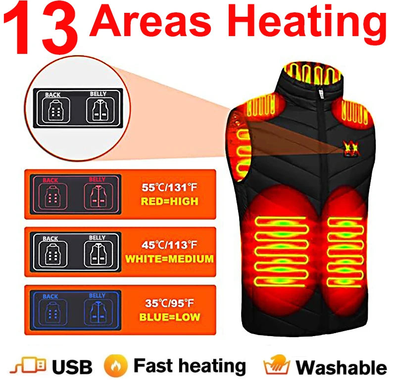 17/13/9 Bereiche USB-Heizjacke Herren Damen Elektrische Heizweste Heizweste Beheizbarer Bodywarmer USB-Innenheizweste Veste
