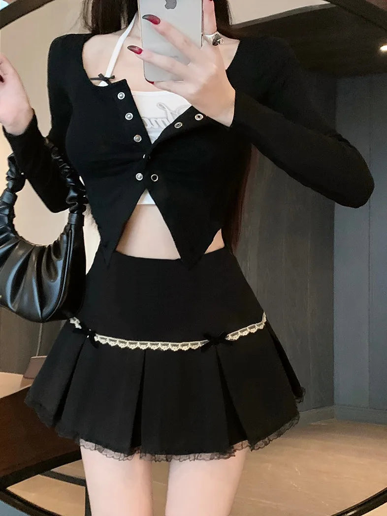 Women Black Gothic A-line Pleated Skirt Vintage Y2k Mini Skirt Harajuku Korean Elegant Lace Emo Skirts 2000s Clothes Summer 2024