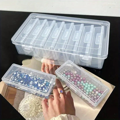 Each set contains 4 to 12 rectangular plastic storage boxes with hinged lids. They are transparent, portable and multifunctional