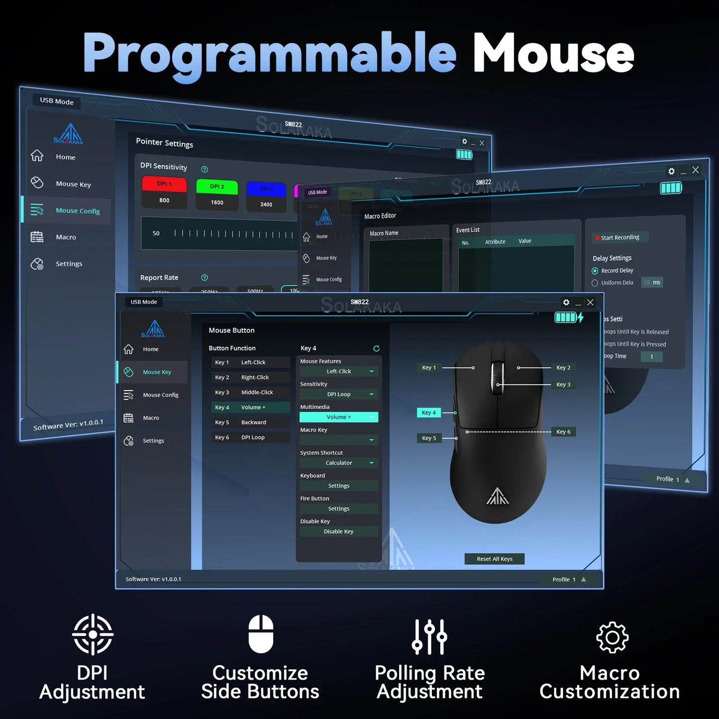 SOLAKAKA SM822 SM820 Gaming Mouse Tri-Mode 2.4GHz/Bluetooth/Wired PAW3311 24000DPI Macro Gaming Mouse with Charging Dock