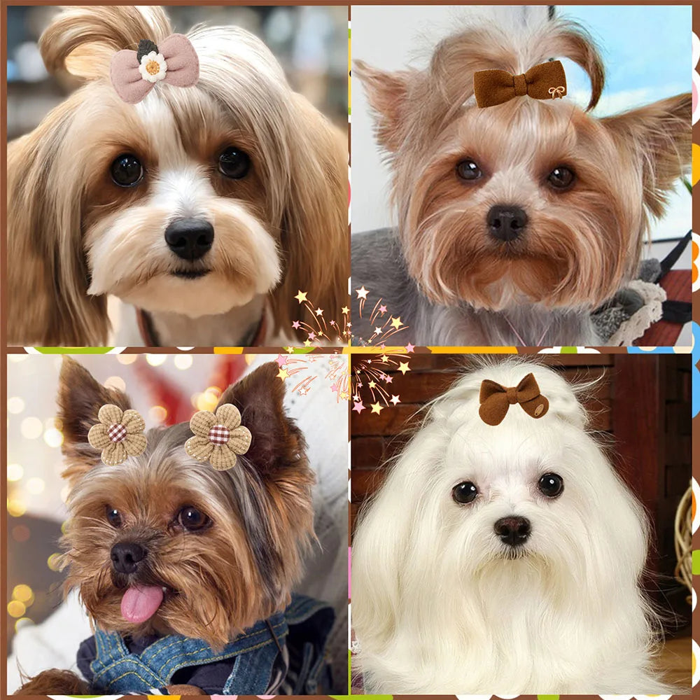 10PCS 2025New Dog Hair Accessories Brown Style Dog Bows With Rubber Bands Handmade Puppy Bowknots Pet Supplies For Dogs