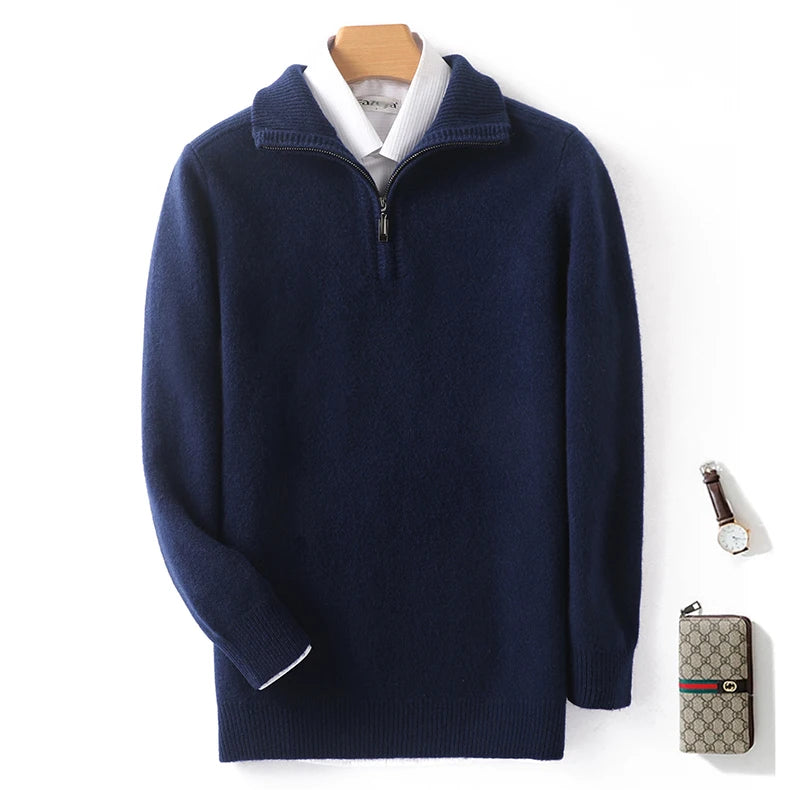 Autumn and Winter New Men's 100% Merino Wool Sweater Casual Knitted Business Half Zip Pullover Thickened Warm Long Sleeve Sweate