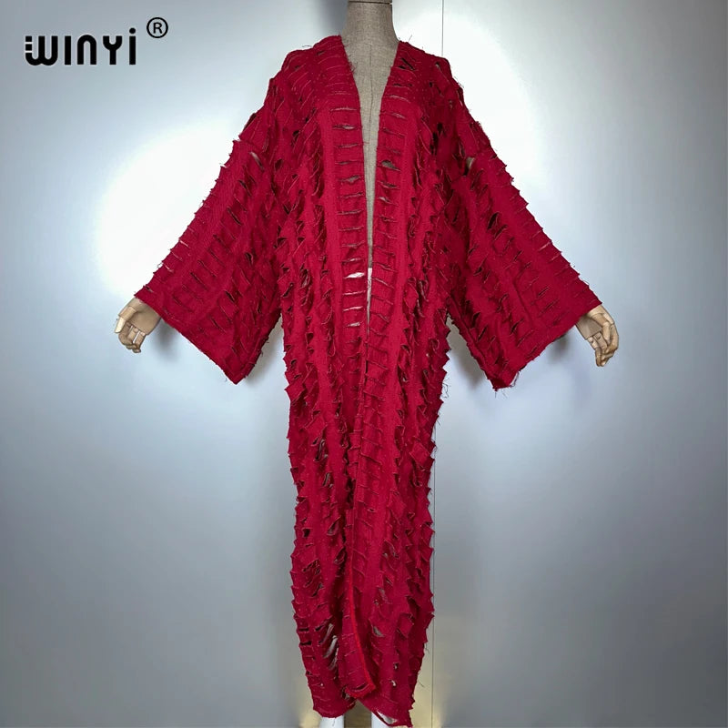 WINYI new maxi kimono coat for women OverCoat hole denim cardigan long down coat cover up beach outfits woman abaya dubai luxury
