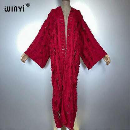 WINYI new maxi kimono coat for women OverCoat hole denim cardigan long down coat cover up beach outfits woman abaya dubai luxury
