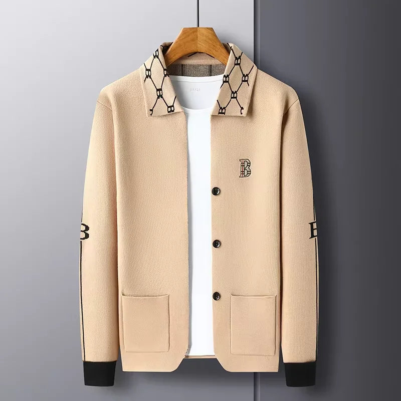 High end brand long sleeved men's lapel knitted cardigan autumn winter fashion B letter embroidery design casual  sweater  coat