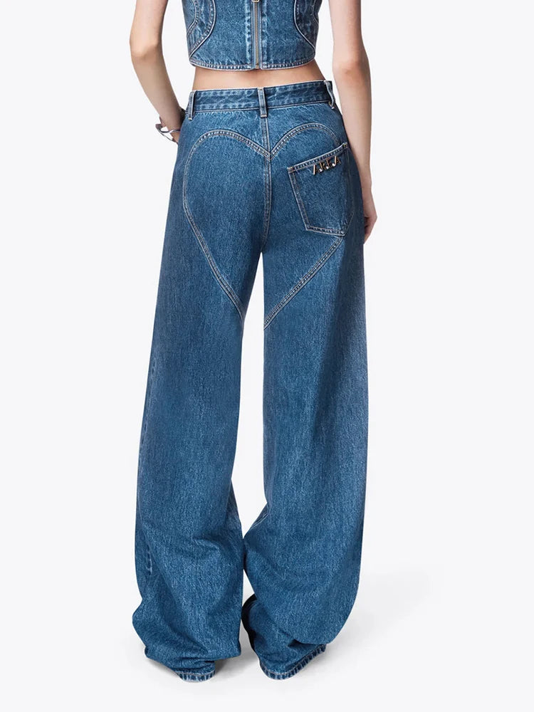 VGH Hollow Out Casual Hit Color Denim Trousers For Women High Waist Patchwork Button Streetwear Loose Straight Pants Female New