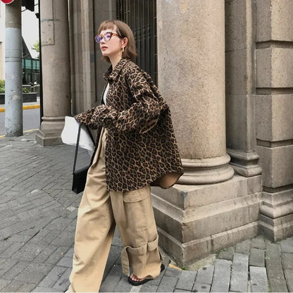 Leopard Jackets for Women Autumn Chic Loose High Street Vintage Single Breasted All-match Baggy College Cool Coats Streetwear BF