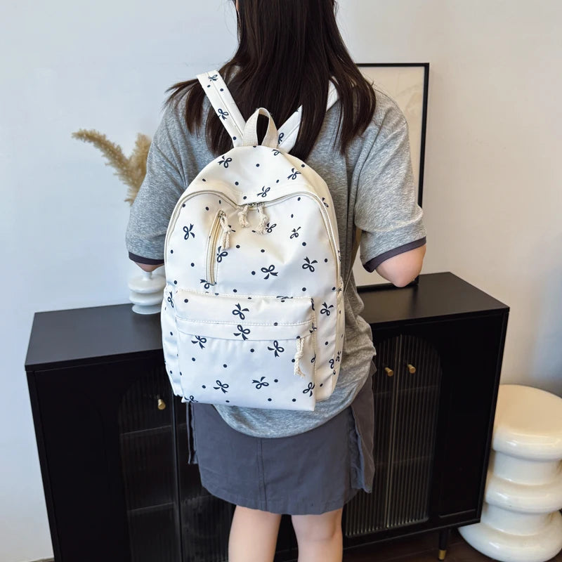 For Daily Use Back To School Season Playful Bow Print Quilted Backpack with Multi Pocket Adjustable Straps Large Capacity