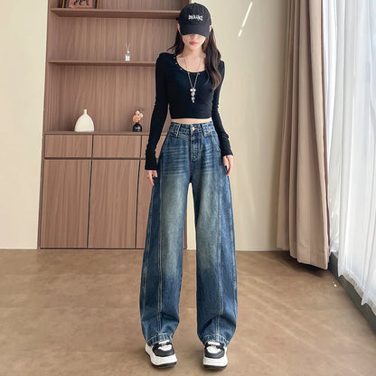 High Waist Loose Wide Leg Jeans Women Y2K Cotton Personalized Design Casual Straight Denim Fashion Tube Loose Plus Trousers