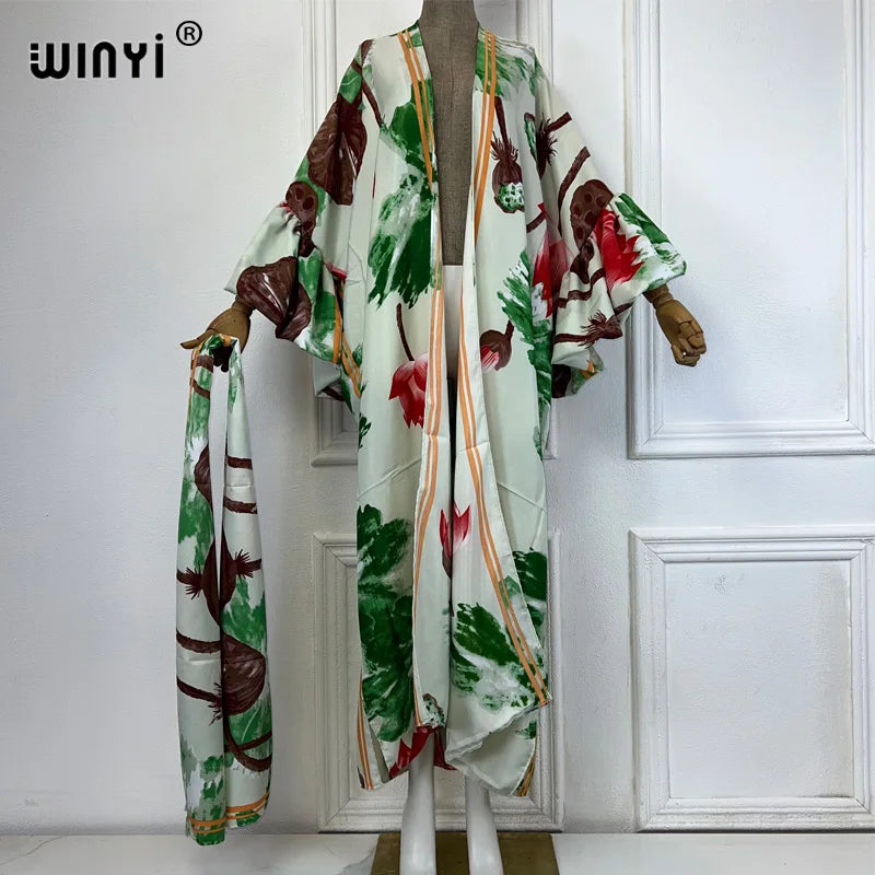 WINYI cotton feeling kimono print Self Belted dress Women Elegant holiday Bubble sleeve cardigan beach Wear Swim Suit cover up