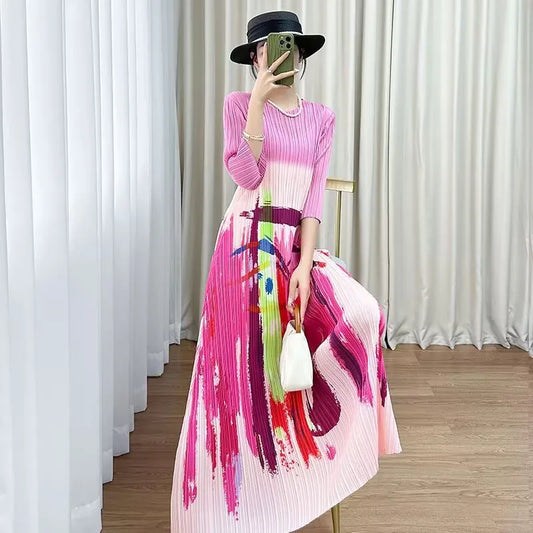 Beautiful Long Dresses Womens Dresses Miyake Summer Design Sense Round Neck Cropped Sleeve Pattern Printed Pleated Dress Female