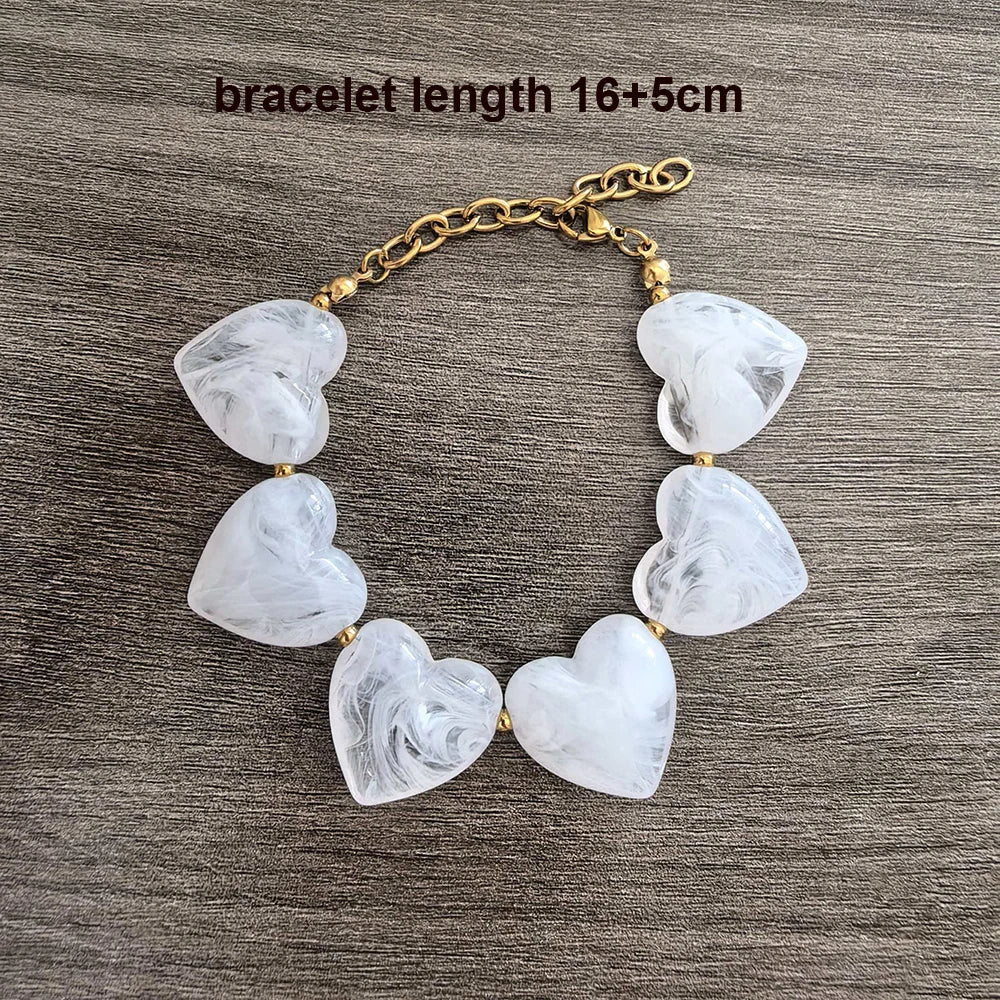 Big Love Heart Necklace Women Choker Statement Bracelet Gold Color Acrylic Beads Stainless Steel PVD Waterproof White Beige Red